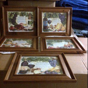 SET OF FIVE WATERCOLOR WINE PRINTS IN STEPPED PINE WOOD FRAMES WITH GLASS